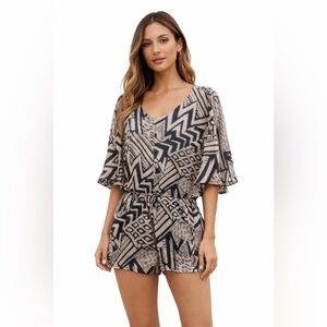 Guess Romper Abstract Pockets Bat Sleeve Elastic Waist Black Festival Women’s M